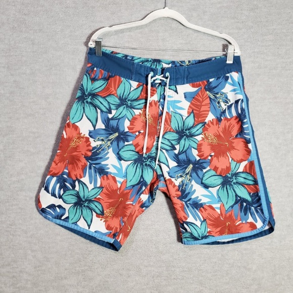 Burnside Men Swimwear 32 Blue Floral Board Shorts Pocket Hawaiian Drawstring